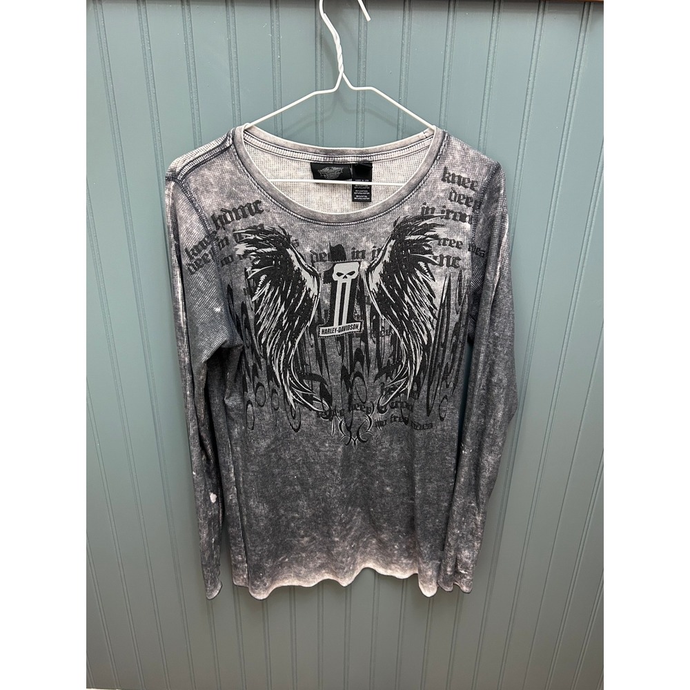 Harley Davidson Skull Wings Gray Acid Wash‎ Long Sleeve Top Womens L Biker